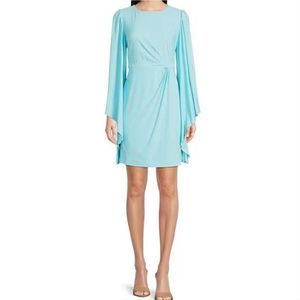Badgley Mischka Light Blue Mini Dress with Draped Sleeve Detail